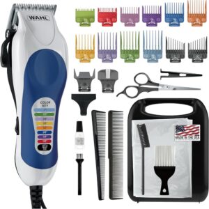 مجموعة Wahl Clipper USA Color Pro الكاملة لقص الشعر مع أمشاط توجيه سهلة الاستخدام ومرمزة بالألوان - ماكينة قص شعر سلكية لقص الشعر والعناية بالشعر للرجال والنساء والأطفال - طراز 79300-1001M