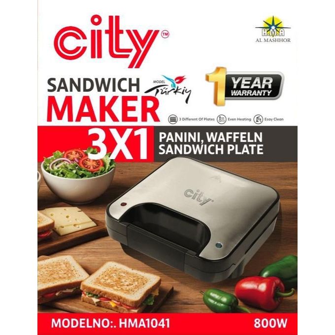 ماكينة صنع الساندويتشات 3 في 1 من سيتي 800 واط، لون أسود HMA-1041.