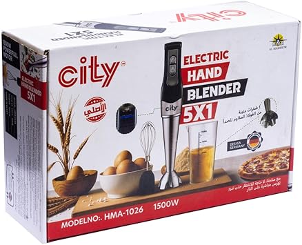 خلاط يدوي 5 في 1 من الاستانلس - متعدد السرعات/خفاقة ومضرب بيض/كوب 100 مل/1500 وات (HMA-1026)